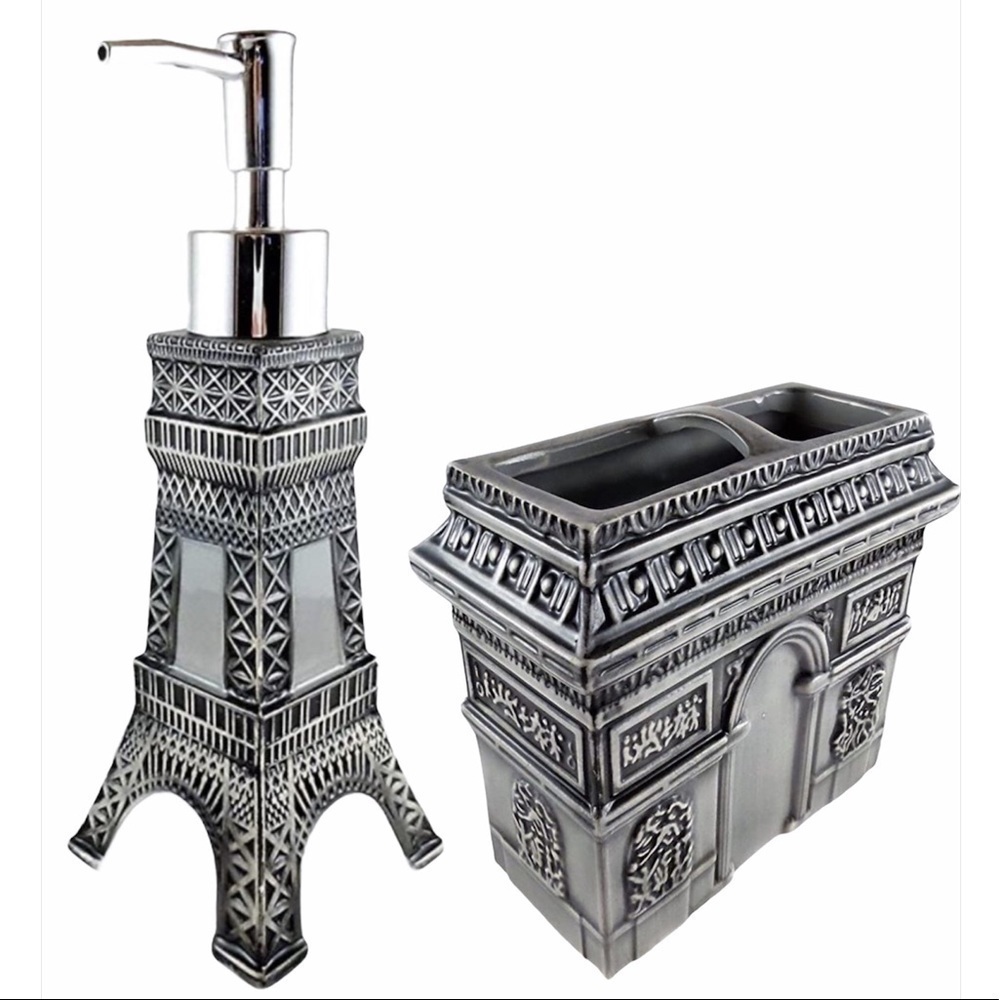 Eiffel Tower Paris Bathroom Ceramic Soap Dispenser Toothbrush Holder 2 Pieces